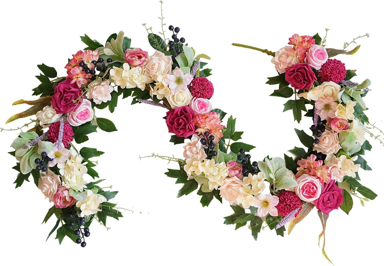 Spring Floral Garlands – Artificial Rose & Dahlia Flower Garland, Silk Floral Vine for Wedding, Mantle, Party, Table Centerpiece, Indoor & Outdoor Decor